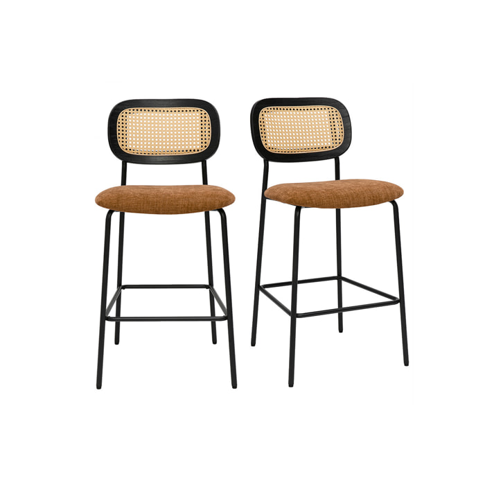 Tabourets design en tissu effet velours texturé terre brulée, métal noir et cannage rotin (lot de 2) MIRANDA