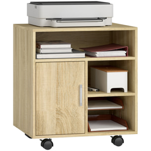 Mueble para Impresora con Ruedas, Soporte de Impresora con Compartimentos Abiertos y Puerta, para Oficina, Hogar, Estudio, 60x50x65,5 cm, Natural