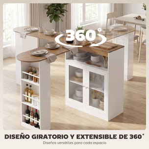 Mesa de Bar Extensible y Giratoria 90°, Mesa Alta Cocina con Estantes Abiertos y 2 Puertas de Vidrio para Comedor, 150x80x105,5 cm, Blanco y Natural