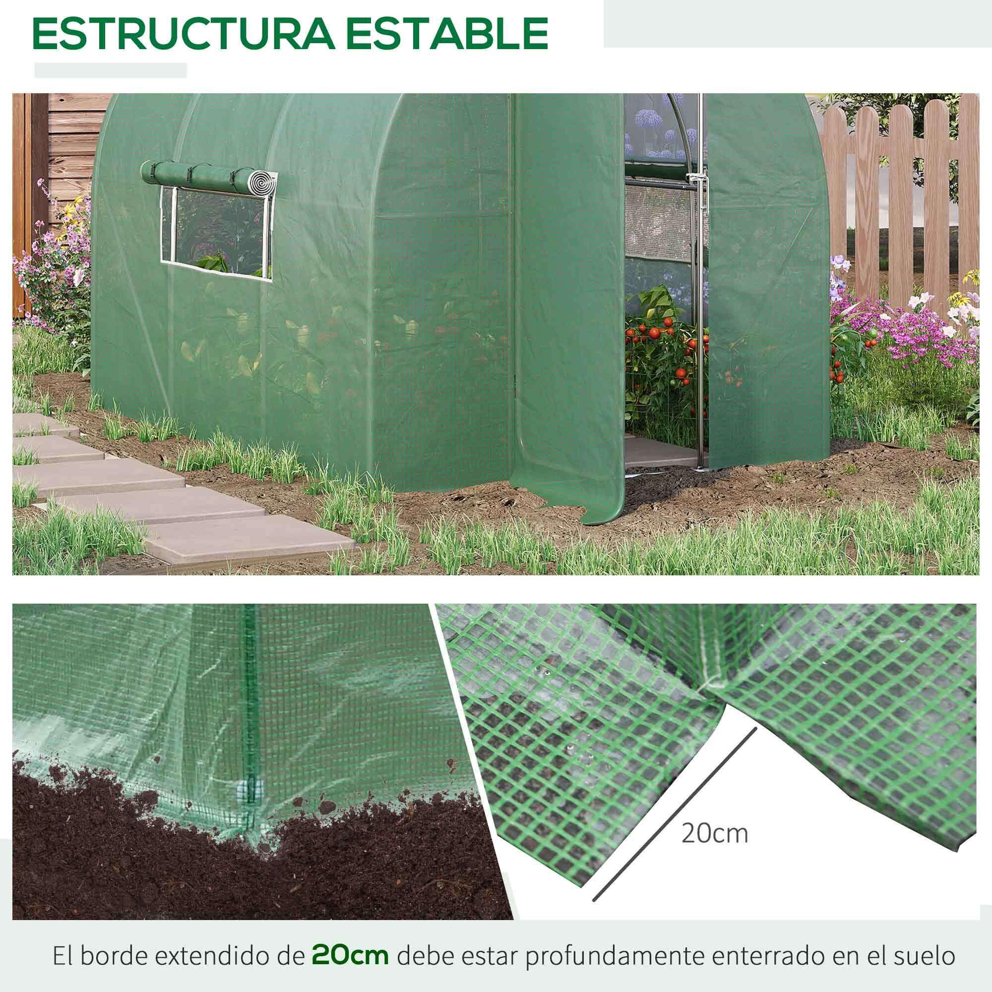 Invernadero de Túnel 3x2x2 m con Puerta y Ventanas Función de Drenaje Invernadero de Jardín Grande con Cubierta de PE y Metal Galvanizado para Cultivos Plantas Verduras Verde