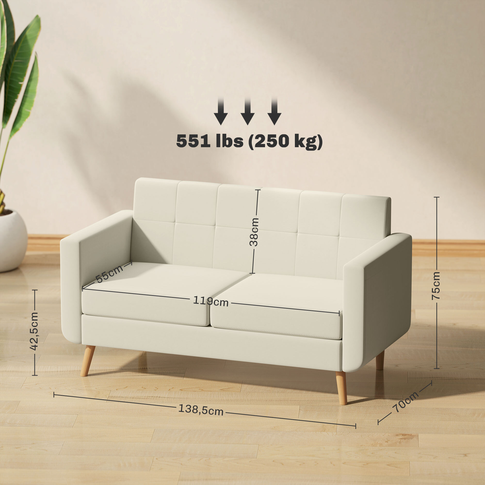 Sofá de 2 Plazas Sofá Tapizado en Lino Sintético Sofá de Salón con Reposabrazos y Patas de Madera Sofá Pequeño Carga 250 kg para Dormitorio Oficina Crema