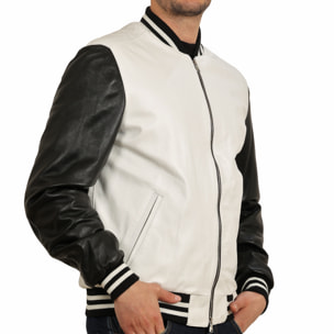 Bomber bicolore in pelle di vitello Bianco-Nero Slim Fit