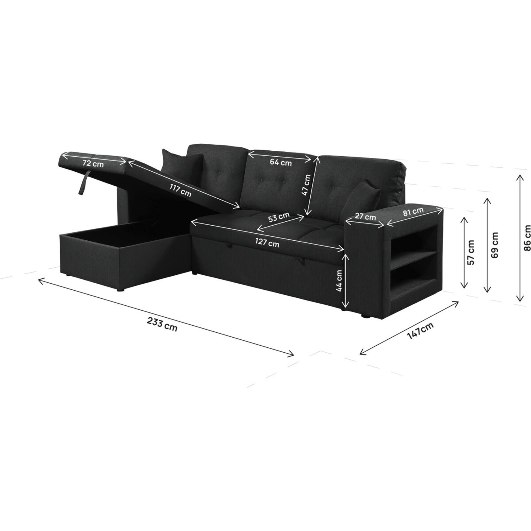 Canapé d'angle convertible/réversible tissu style bubble "Axel" - 3 places - Noir