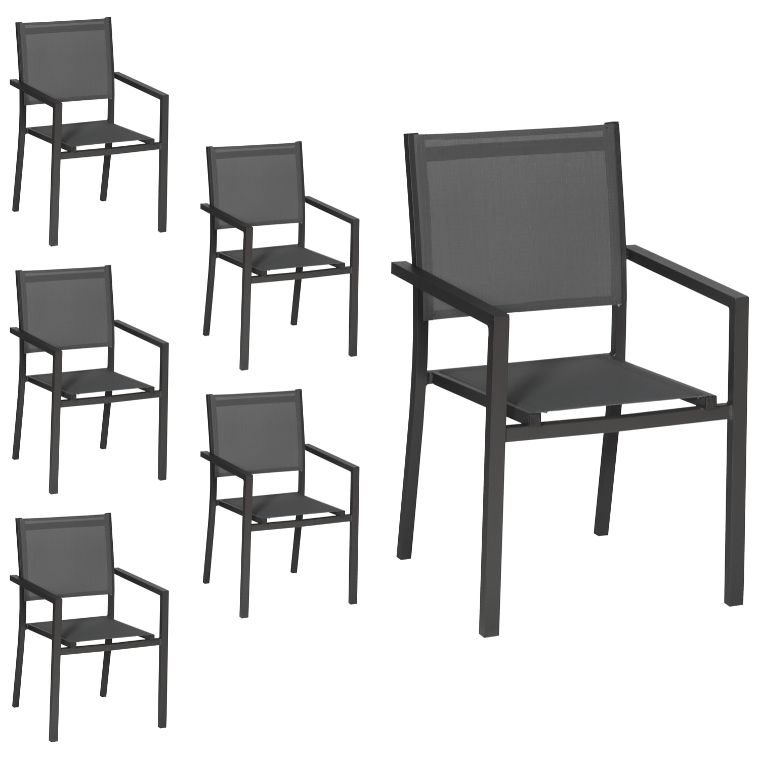 Lot de 6 chaises en aluminium anthracite - textilène gris