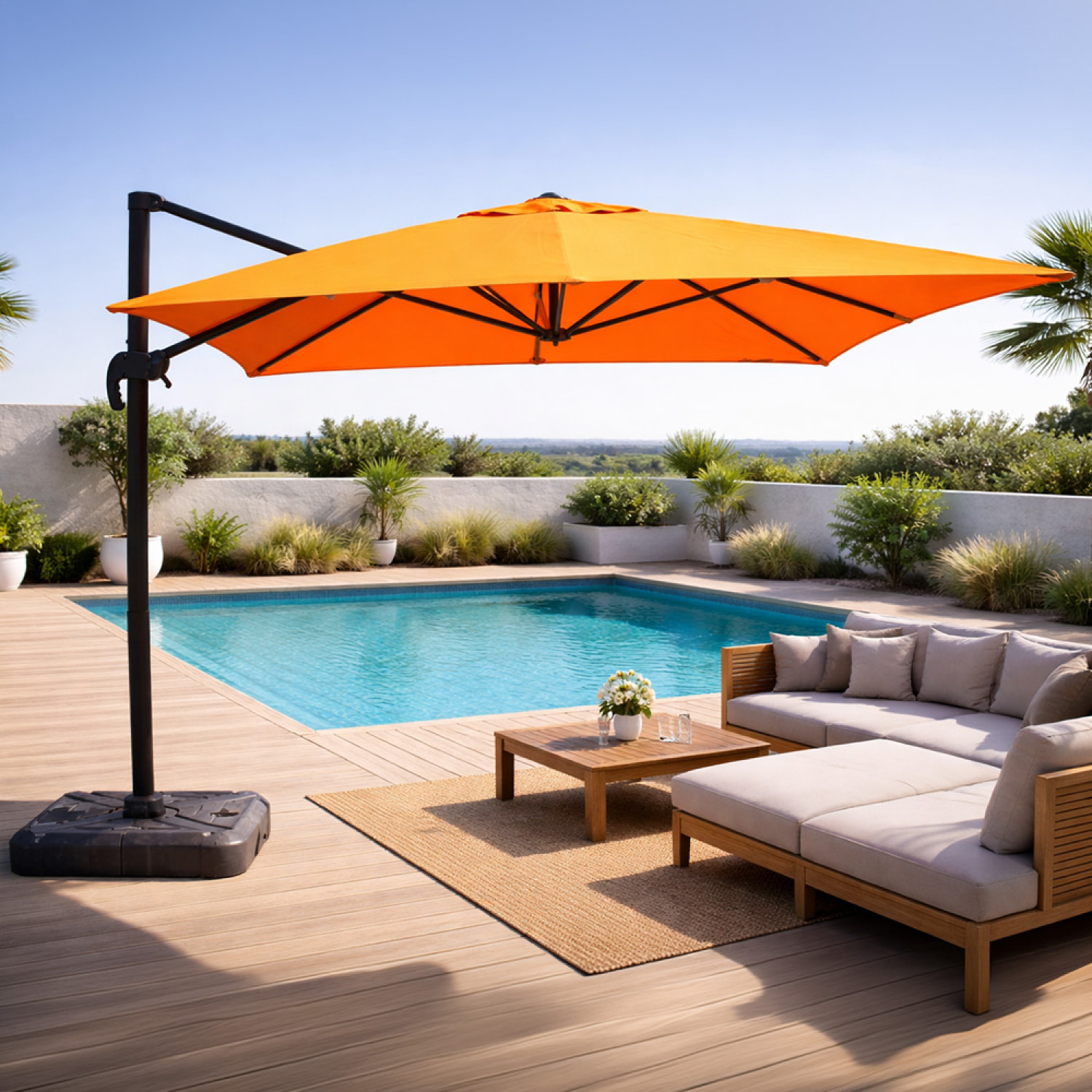 Parasol rectangulaire 3x4m déporté rotatif orange en aluminium NAVIA