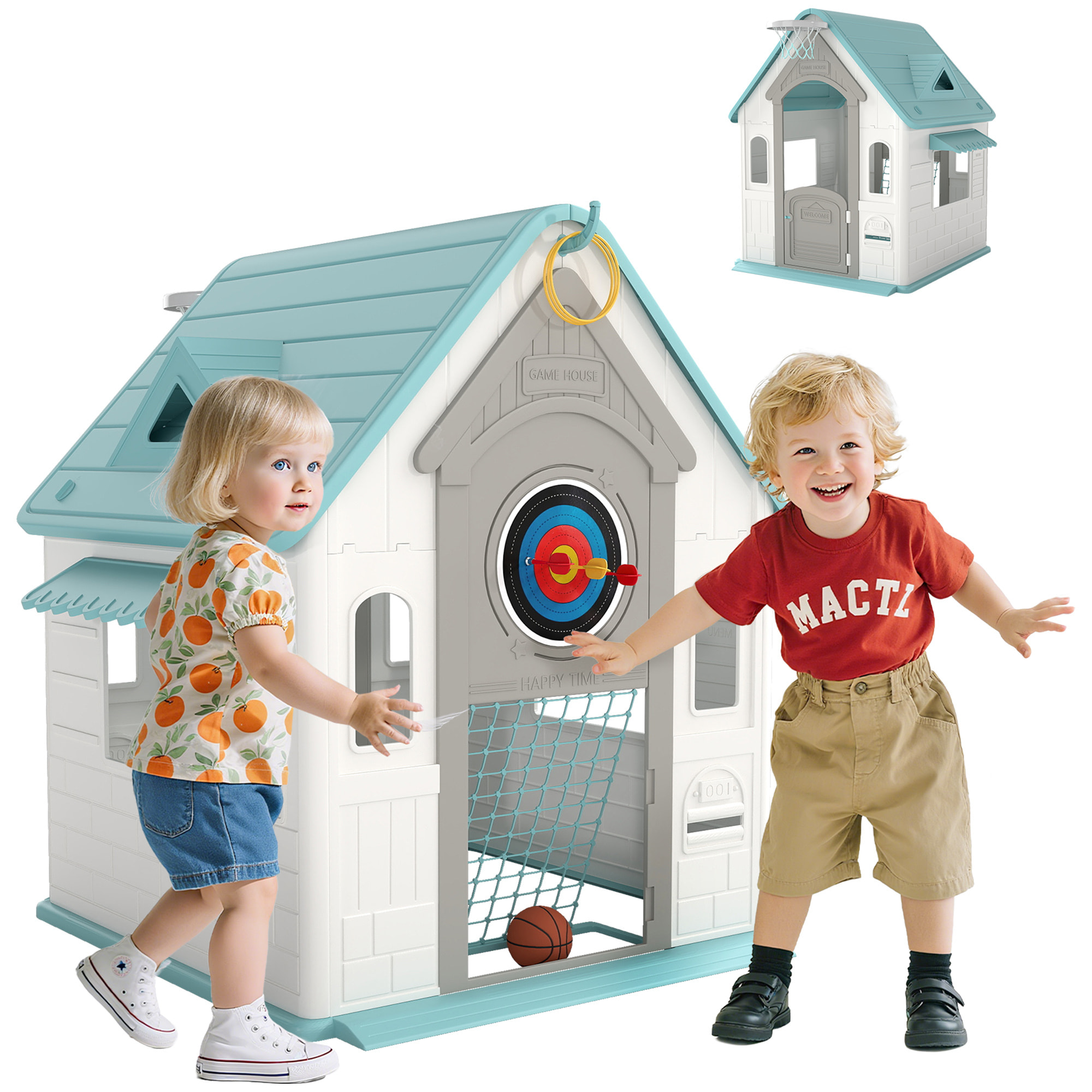 Casita Infantil Exterior e Interior 5 en 1, Casita Infantil de Jardín con Lanzamiento de Aros, Baloncesto, Fútbol, Dardos, Casa de Juegos para Niños de 2-5 Años, Beige