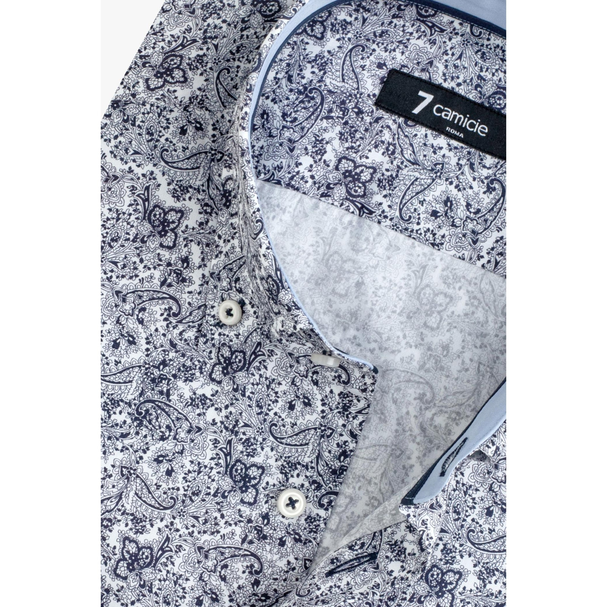 camicia uomo 1 bottone button down slim Popeline Stampato Bianco e Blu