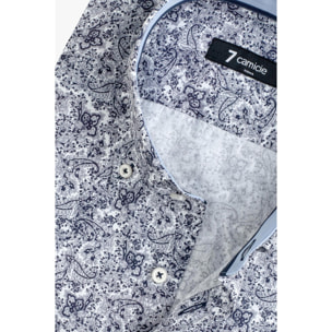 camicia uomo 1 bottone button down slim Popeline Stampato Bianco e Blu