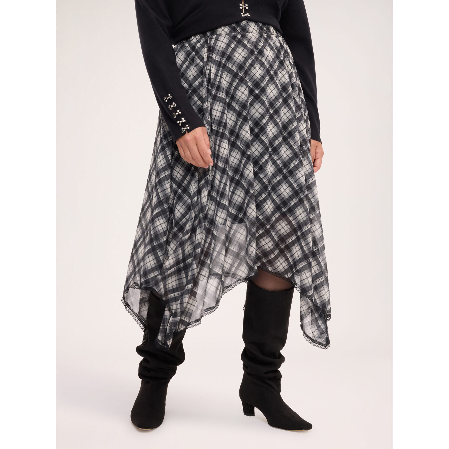Fiorella Rubino - Gonna lunga svasata in georgette a quadri - Nero