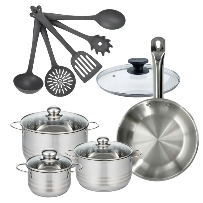Lot Faitouts et Poêle avec couvercle en inox sans PFAS Fackelmann Etherna avec 5 ustensiles