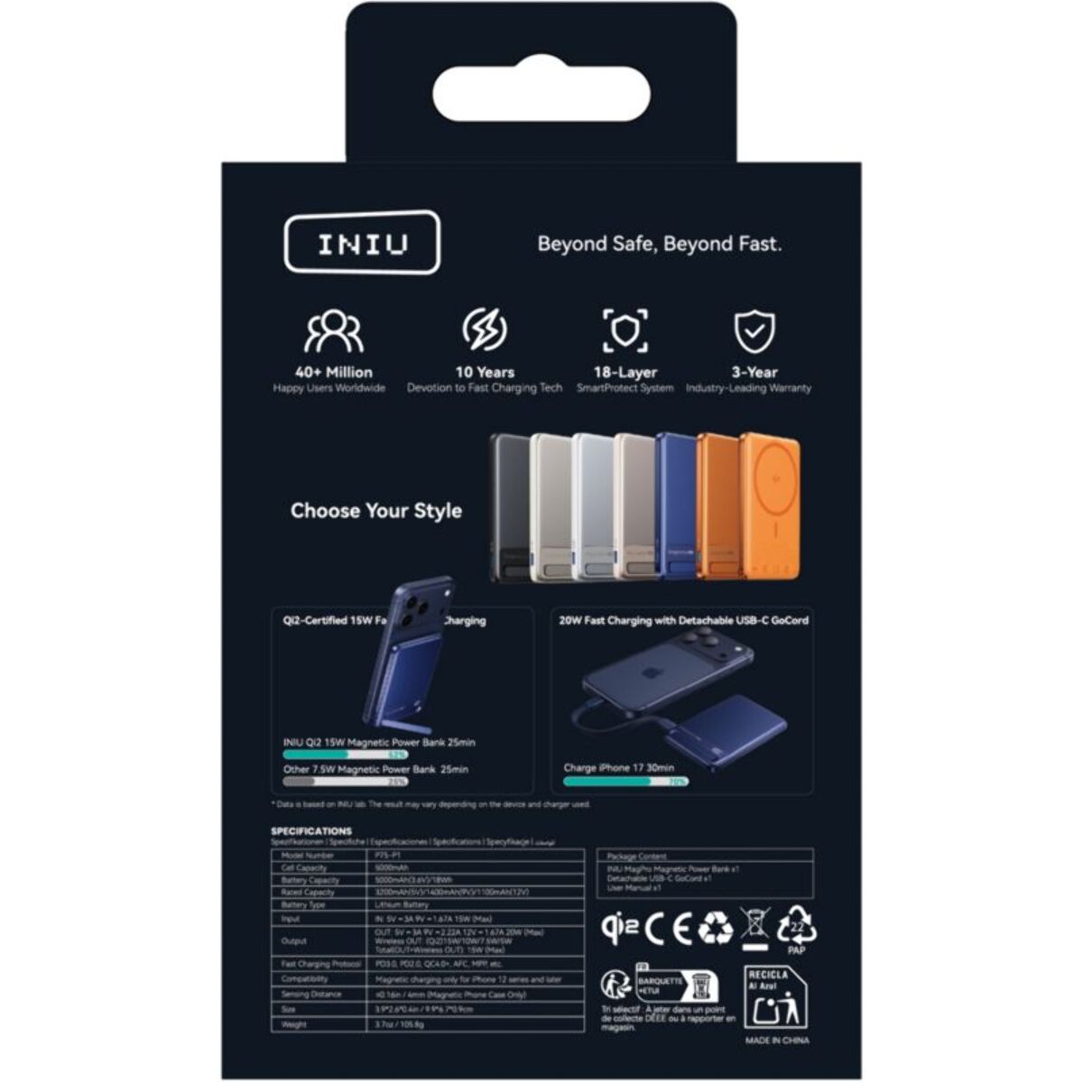 Batterie externe INIU 5000 mAh magnet Qi2 MagPro slim bleu