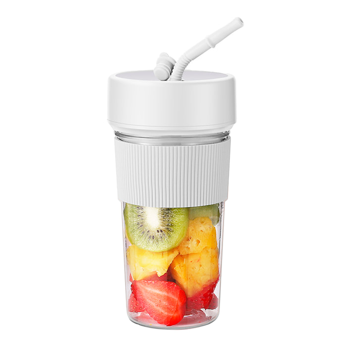 Frullatore portatile multifunzione da 350 ml con 6 lame in acciaio, sicurezza con doppio clic e batteria ricaricabile.