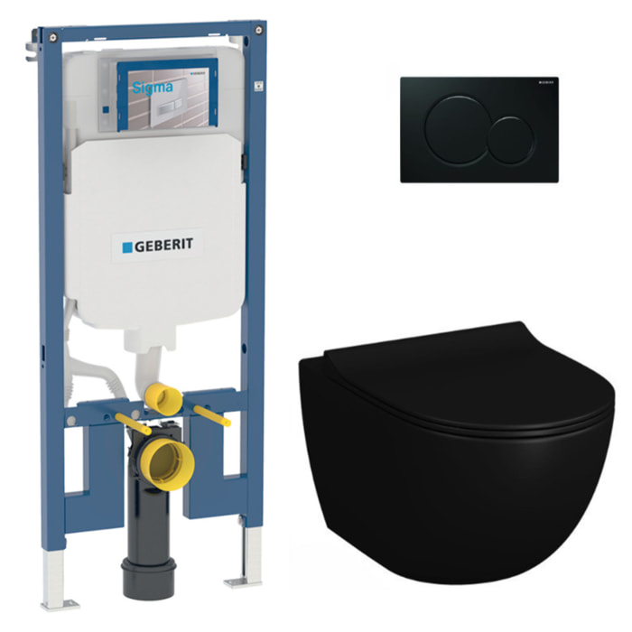 Pack WC sans bride Infinitio Noir mat + Abattant softclose slim + Bâti support Geberit Extra-plat UP720 + Plaque Noir brillante