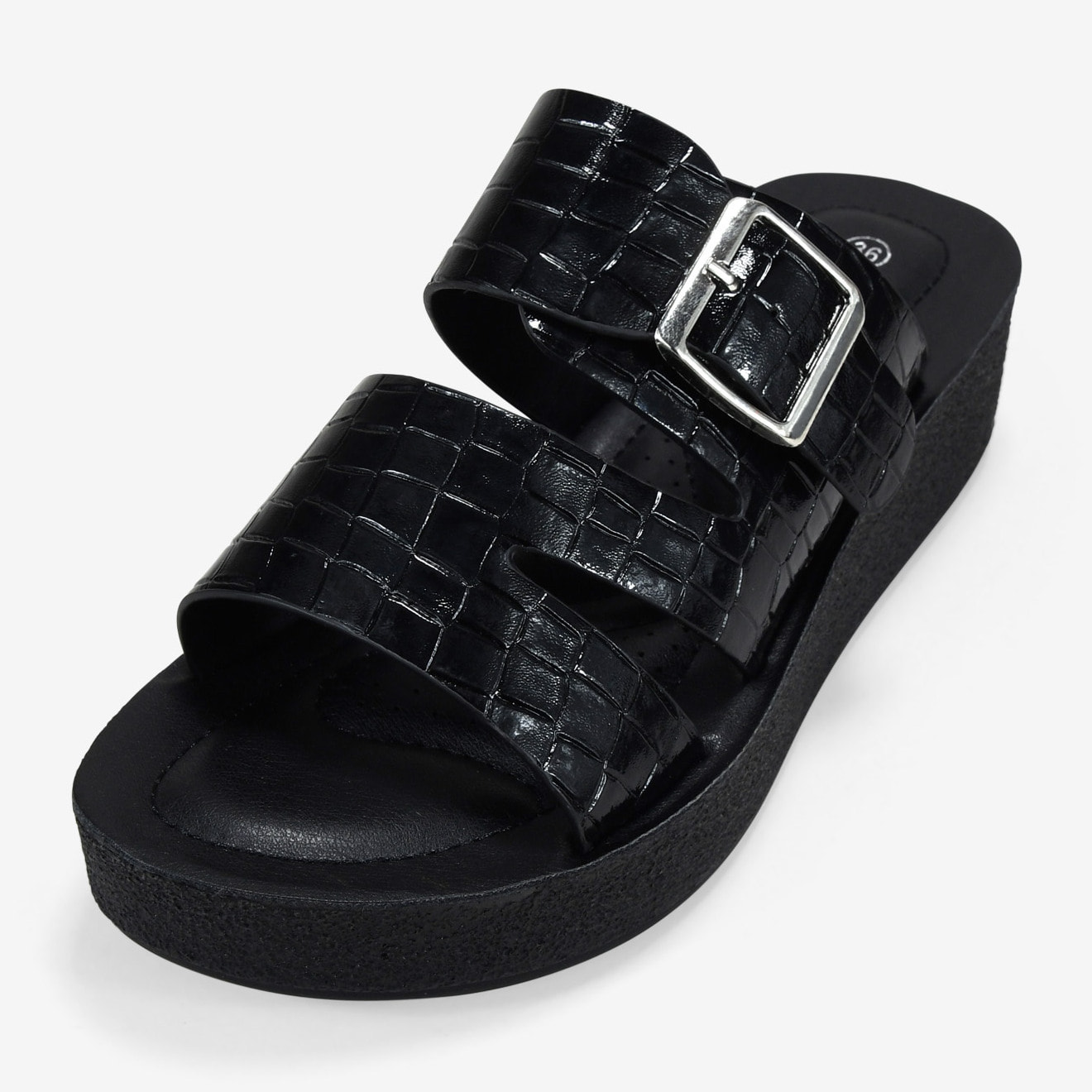 Sandalias de cuña negras efecto cocodrilo con hebilla