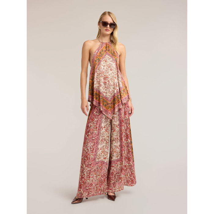 Motivi - Pantalones palazzo de raso con estampado - Rosa