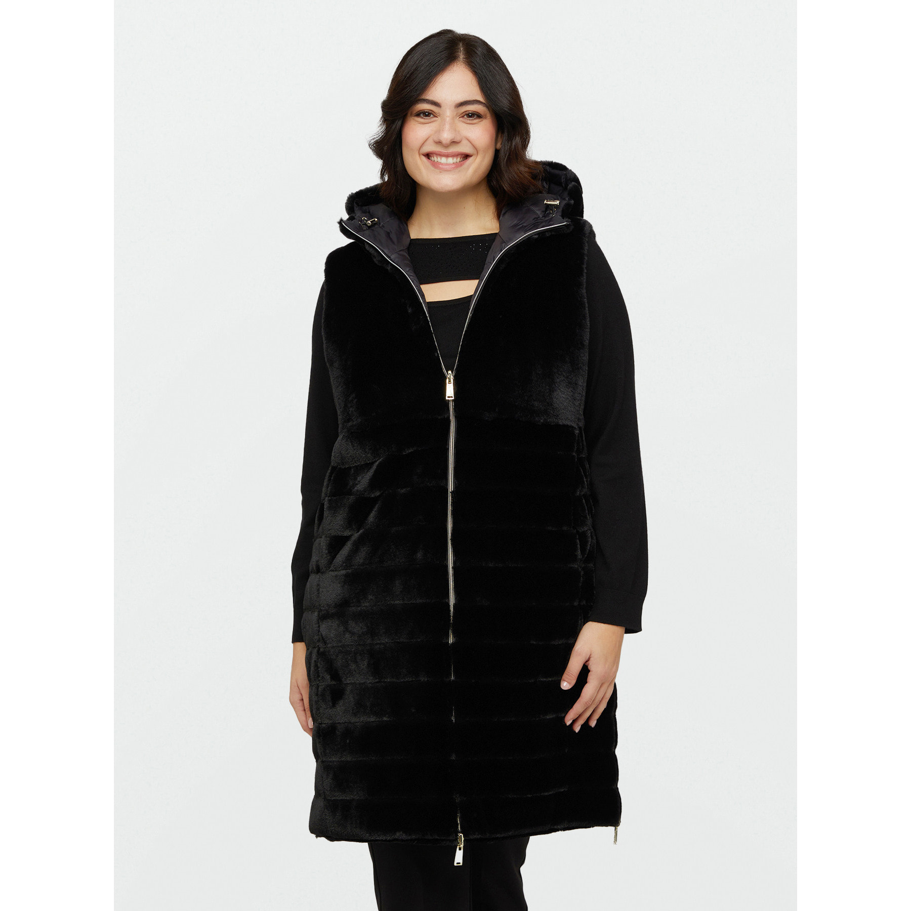 Fiorella Rubino - Gilet lungo con zip e cappuccio - Nero