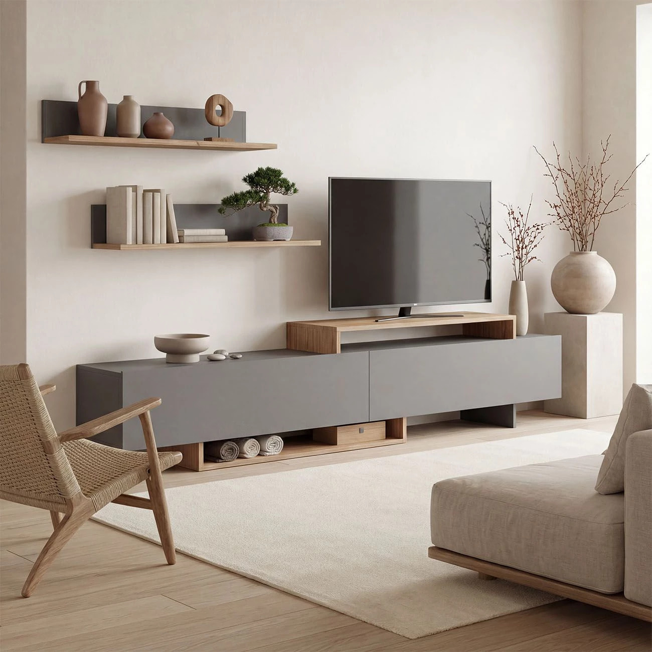 Salón con mueble TV y estanterías en gris grafito y alpino 200 cm Bender Gris Grafito - Alpino