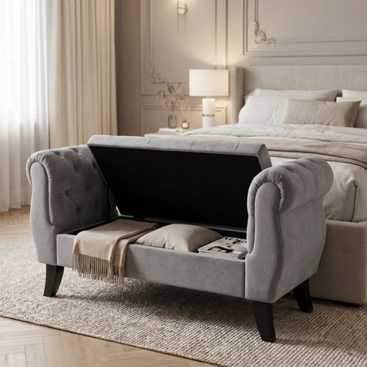 Divanetto Contenitore Imbottito in Effetto Velluto con Vano Contenitore Integrato, Seduta Elegante dallo Stile Classico per Camera da Letto, Ingresso e Soggiorno
