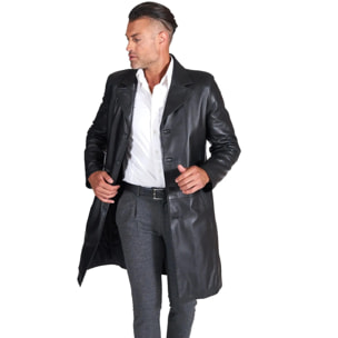 Cappotto in pelle nera lungo stile matrix nappa effetto liscio