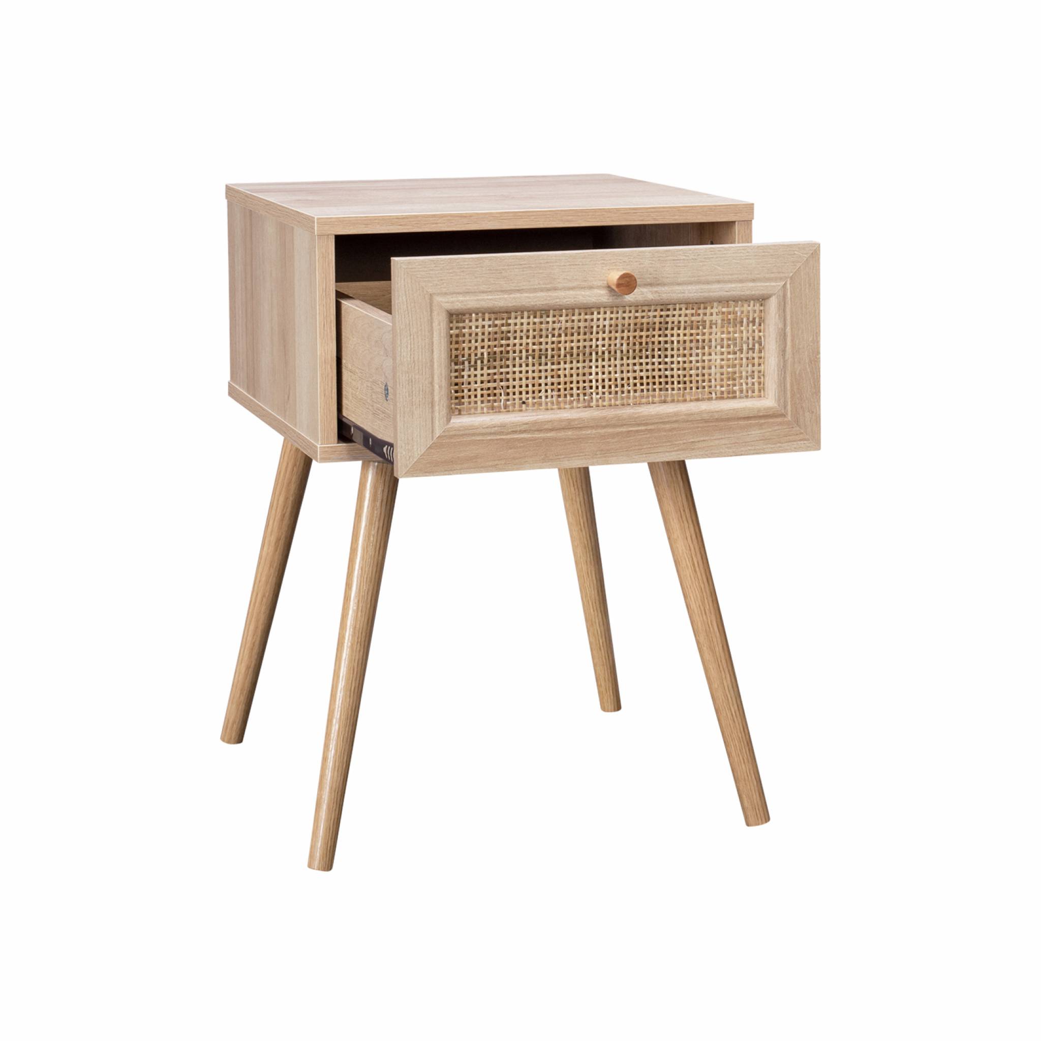 Lot de 2 tables de chevet effet bois & cannage avec 1 tiroir - Bohème