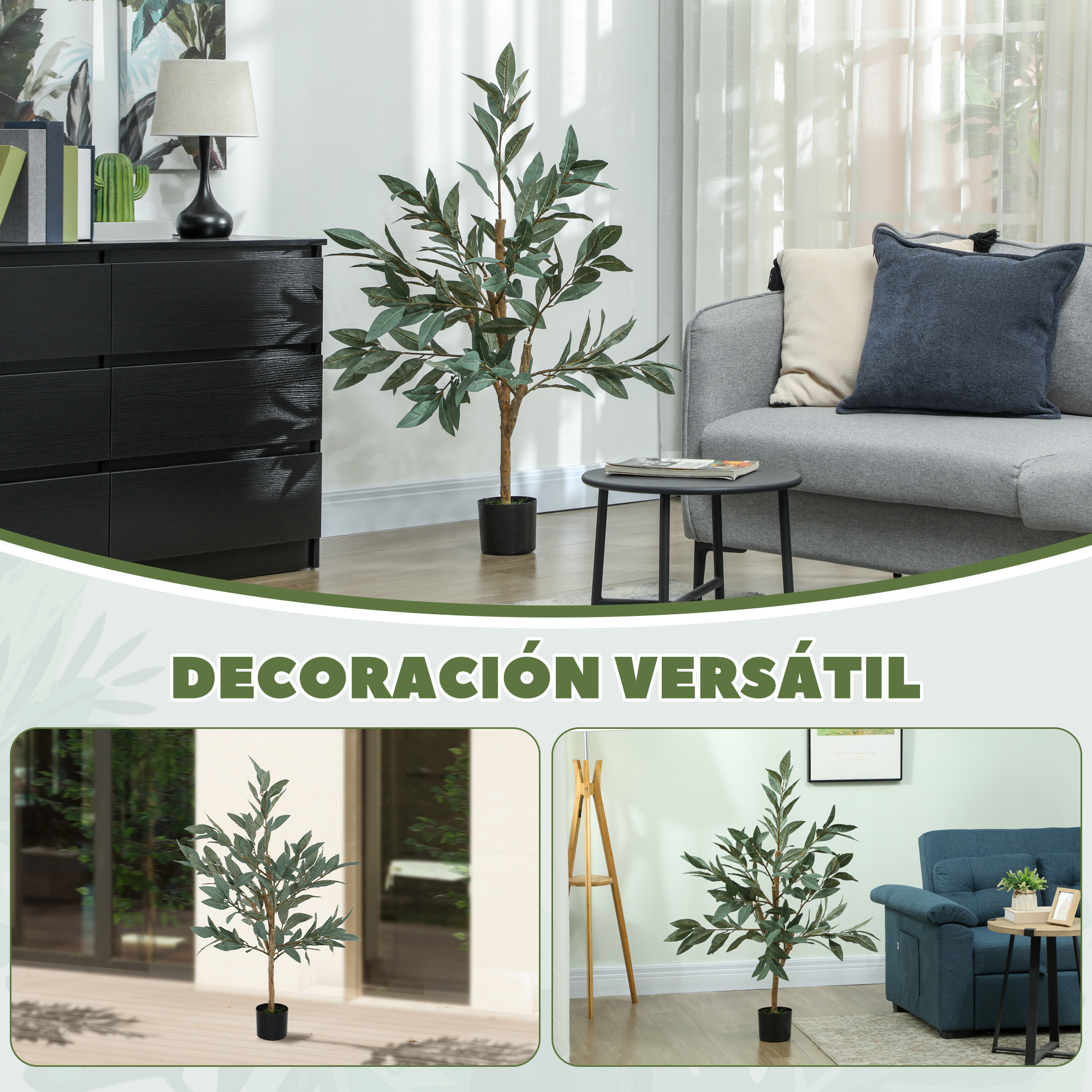 Árbol Artificial de Laurel 120 cm Planta Artificial Decorativa Grande Decoración para Hogar Oficina Balcón Dormitorio Verde