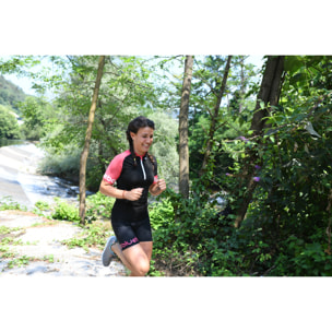 CAMISETA DE COMPRESIÓN RUNNING PARA MUJER MANGA CORTA BLUEBALL EN NEGRO Y ROSA