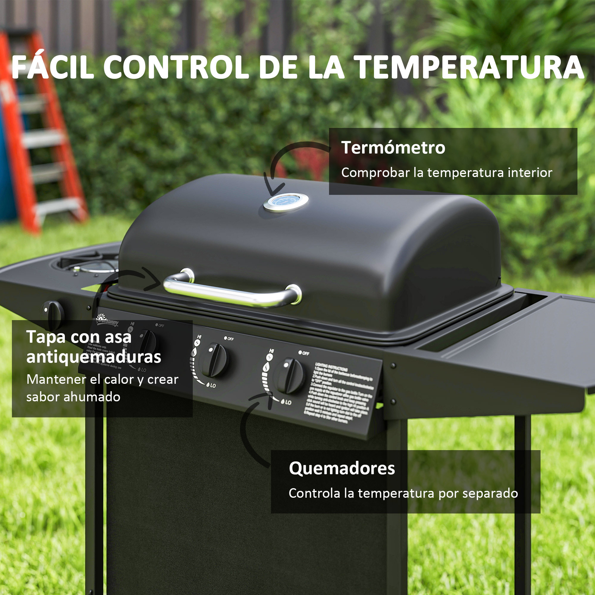 Barbacoa de Gas BBQ Gas con 3+1 Quemadores 9,5 kW Barbacoa Portátil con Termómetro Mesa Lateral Estante Especiero Parrilla Recogedor de Grasa 2 Ruedas para Jardín Exterior Camping Negro