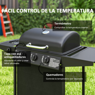 Barbacoa de Gas BBQ Gas con 3+1 Quemadores 9,5 kW Barbacoa Portátil con Termómetro Mesa Lateral Estante Especiero Parrilla Recogedor de Grasa 2 Ruedas para Jardín Exterior Camping Negro