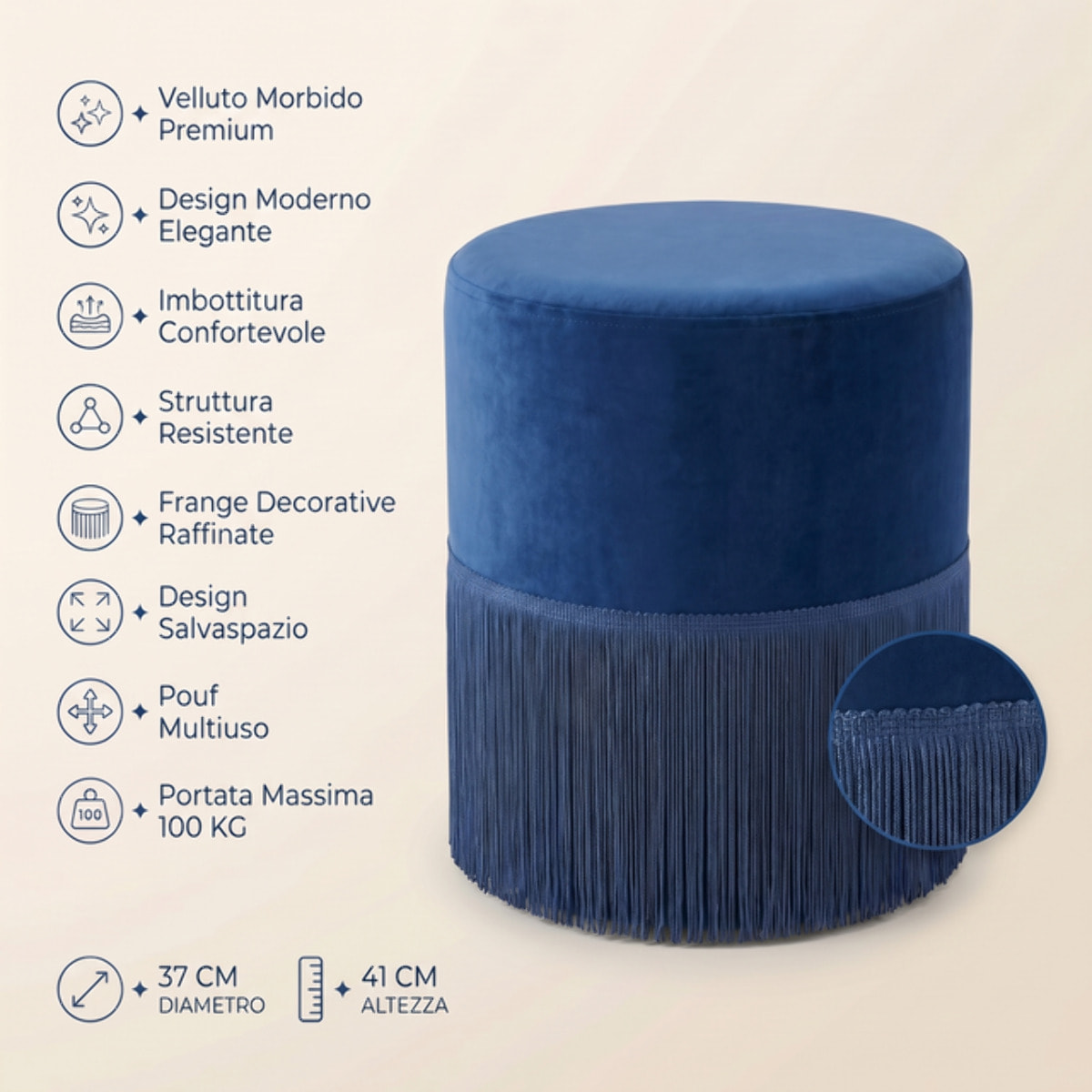 Pouf rotondo in velluto con frange decorative Ø34x40 cm, sgabello imbottito design glamour elegante, seduta decorativa per salotto camera da letto ingresso e cabina armadio, struttura resistente fino a 100 kg
