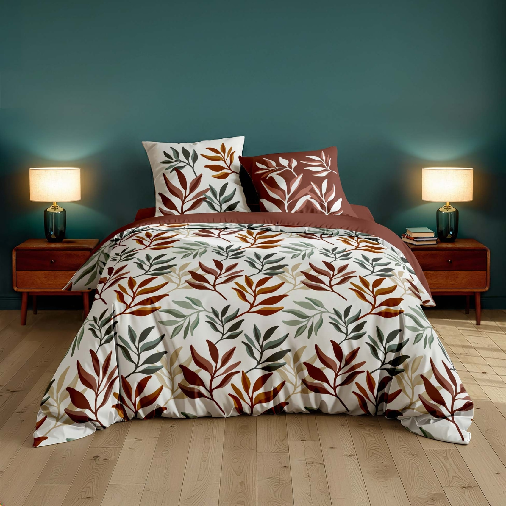 Parure de lit 3 pièces 100 % coton imprimé à motif végétal housse + taies - Rouge