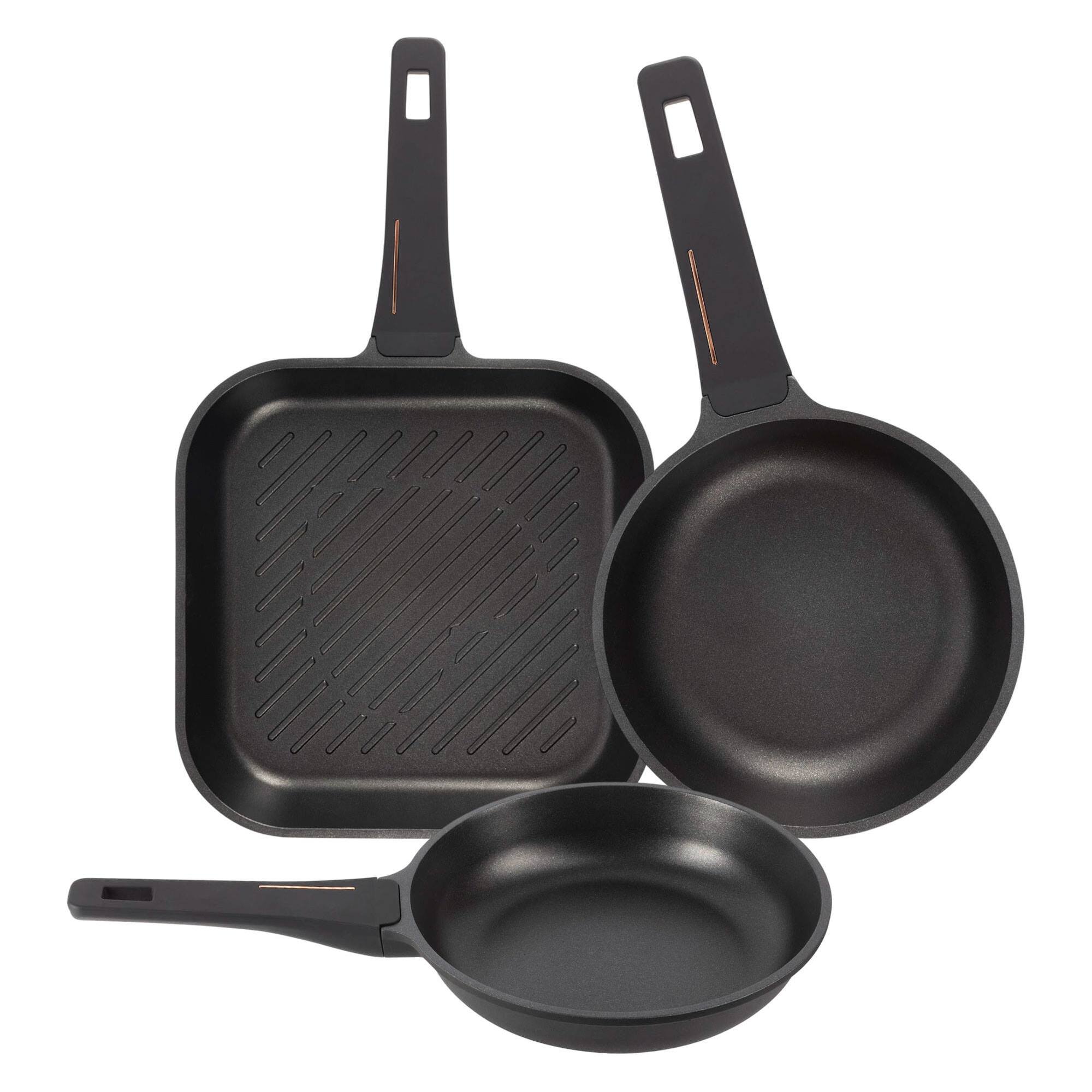 Juego de 2 Sartenes Ø24Ø28cm + Sartén Grill 28x28cm en aluminio fundido color Negro Copper Bergner