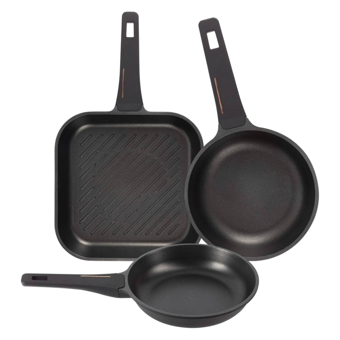 Juego de 2 Sartenes Ø24Ø28cm + Sartén Grill 28x28cm en aluminio fundido color Negro Copper Bergner