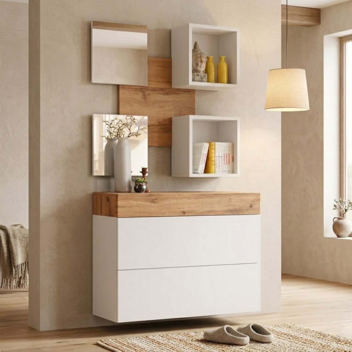 Mobile Ingresso Moderno Con 2 Specchi Vani A Giorno E Base Con Ante E Cassetto Design Elegante Salvaspazio 100 x 170 x 30 Cm Bianco E Rovere