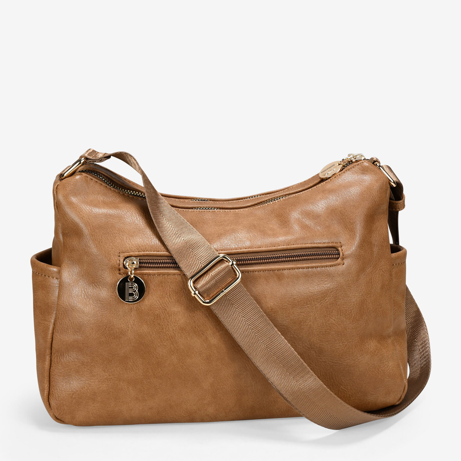 Bolso bandolera tostado con bolsillos y tachas