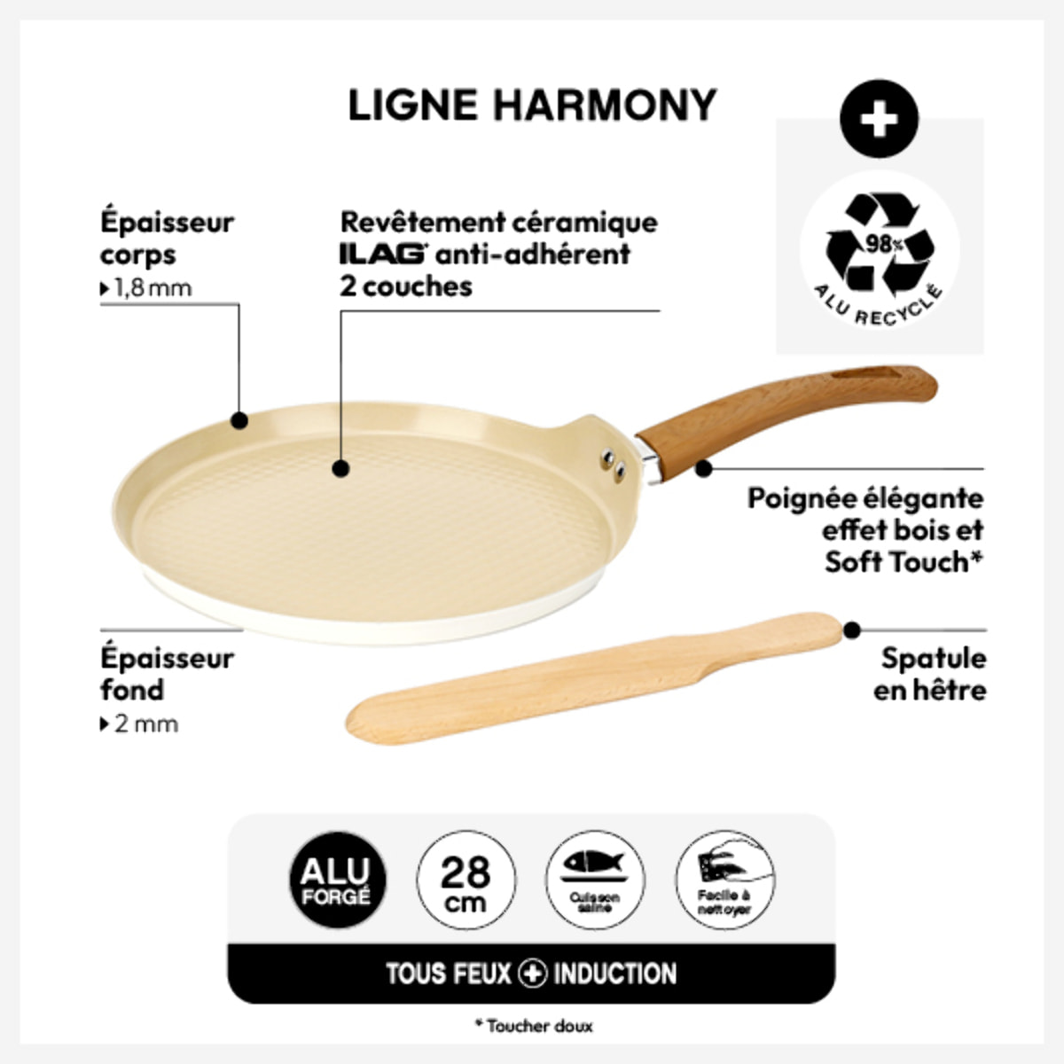 Crépière "Harmony" D26cm en aluminium forgé beige