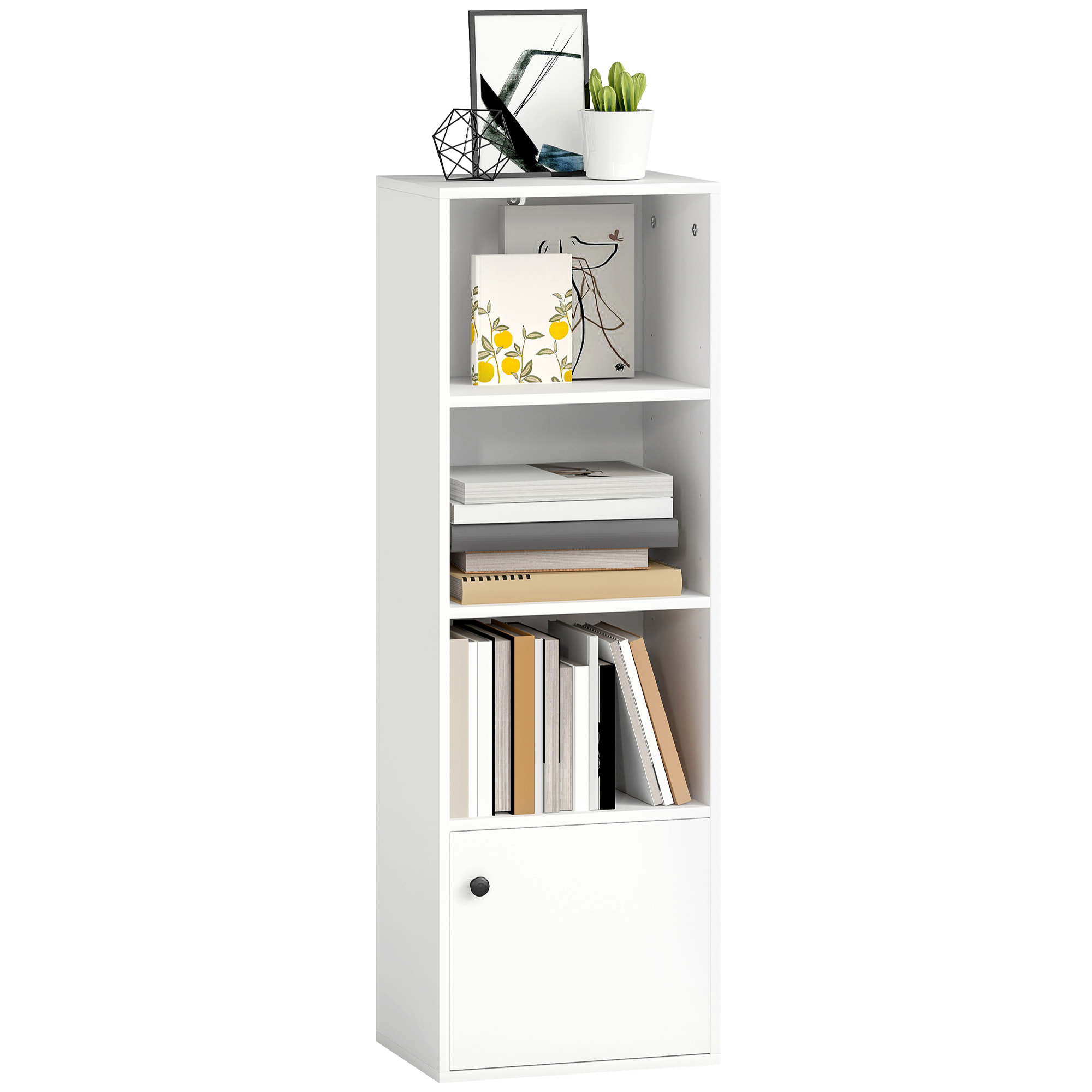 Librería de 4 Niveles, Estantería para Libros con Estantes Ajustables y Puerta, Estantería Moderna, 40x30x120 cm, para Salón, Dormitorio, Estudio, Oficina, Blanco