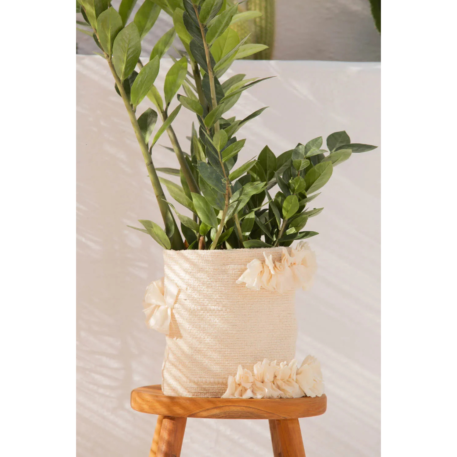 Cubre macetas de algodón con volantes y borlas crudo Guru