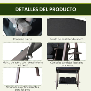Balancín de Jardín Exterior de 3 Plazas Columpio de Jardín Exterior con Toldo Ajustable Bandejas Laterales 2 Almohadas y Marco de Metal Carga 360 kg 207x120,5x174 cm Negro