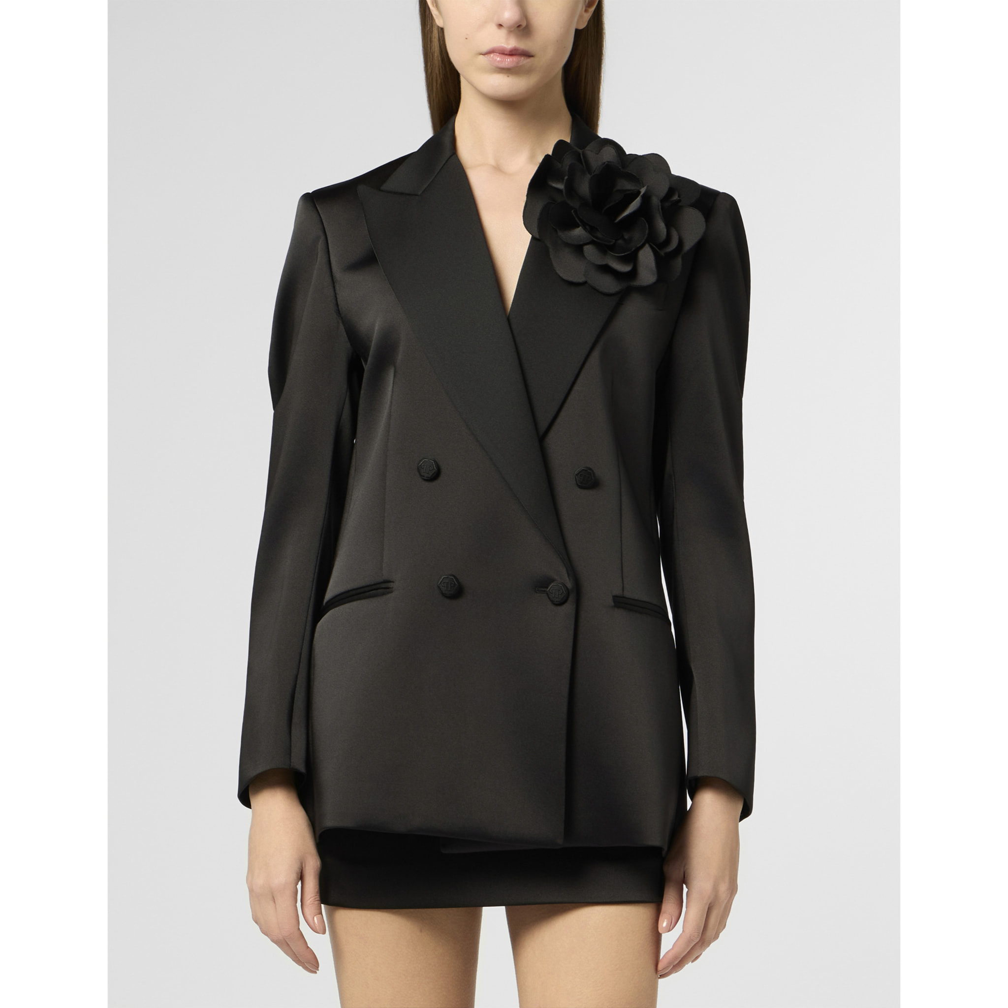 PHILIPP PLEIN Double-Breasted Satin Blazer Roses