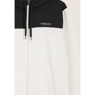 Tuta con cappuccio colour block e fondo a costine