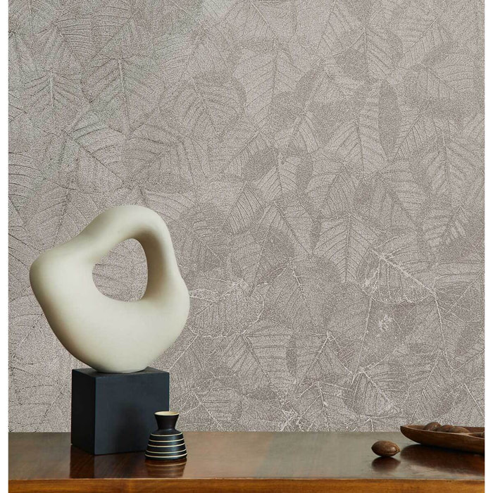 Papier peint feuillage texturé gris argenté
