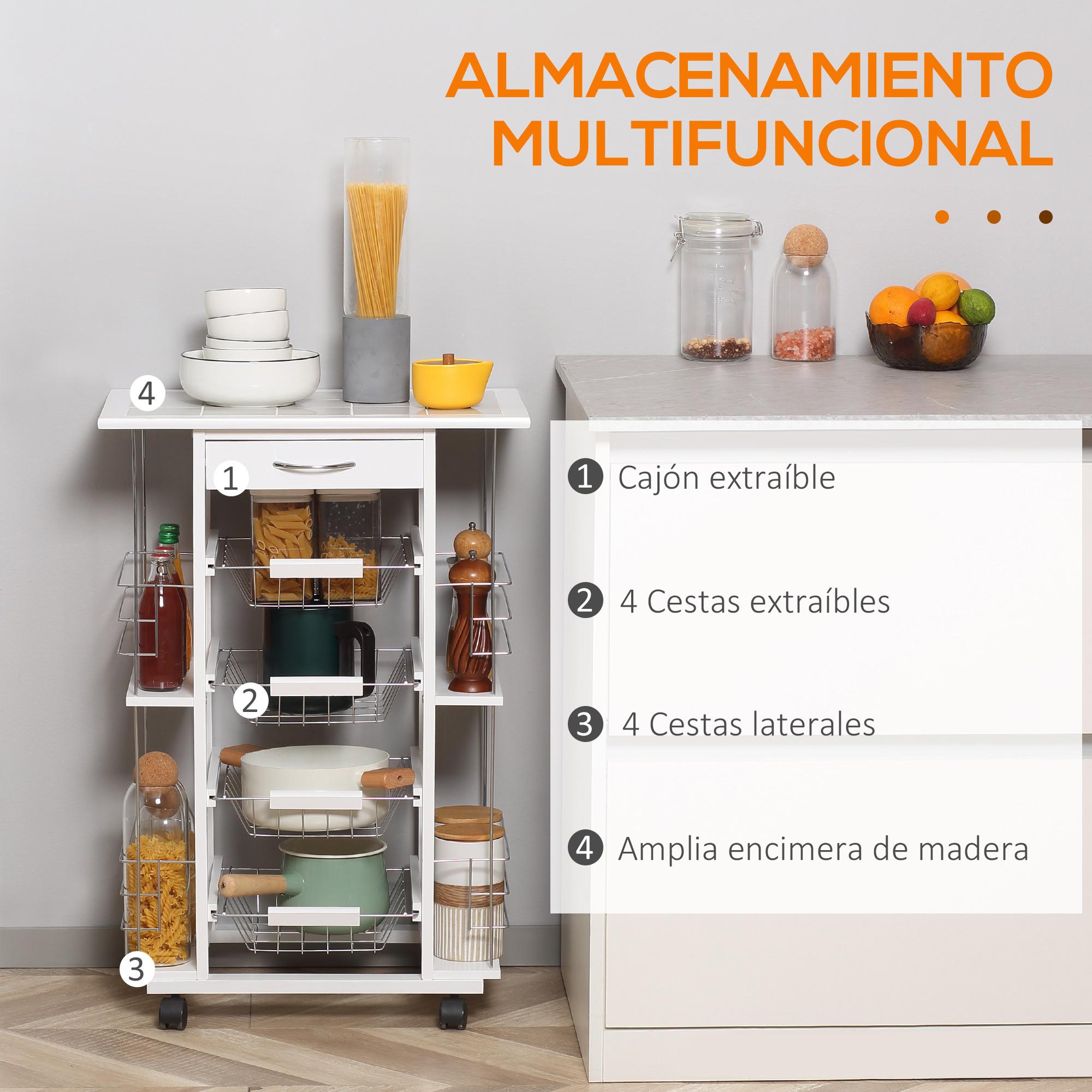 HOMCOM Carrito de Cocina con Ruedas Carrito Verdulero con Encimera Baldosado Cajón 4 Cestas de Metal y 4 Especieros Laterales para Comedor 57x37x83 cm Blanco