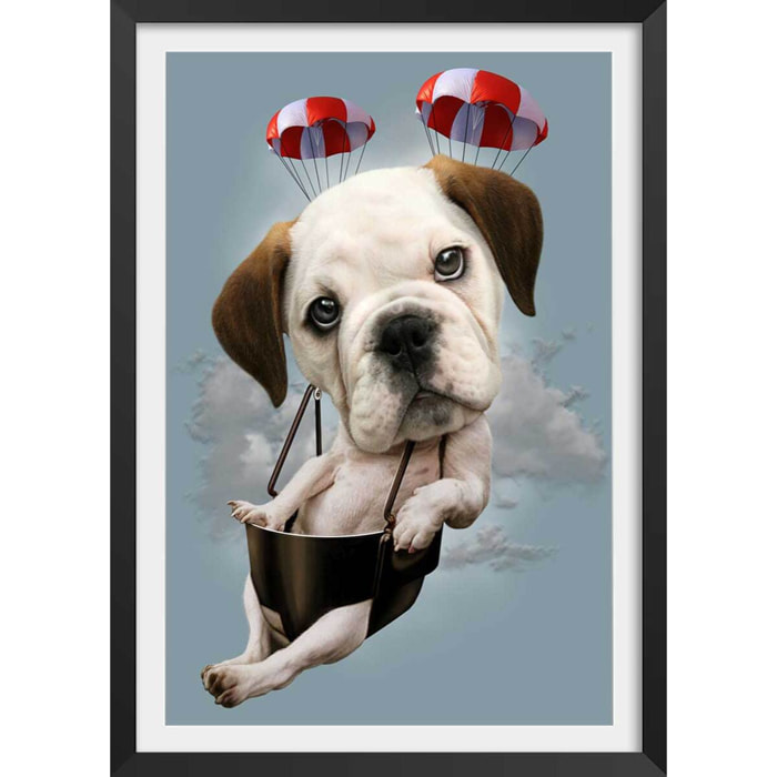 Affiche enfant chiot sur parachute  Affiche sous cadre noir