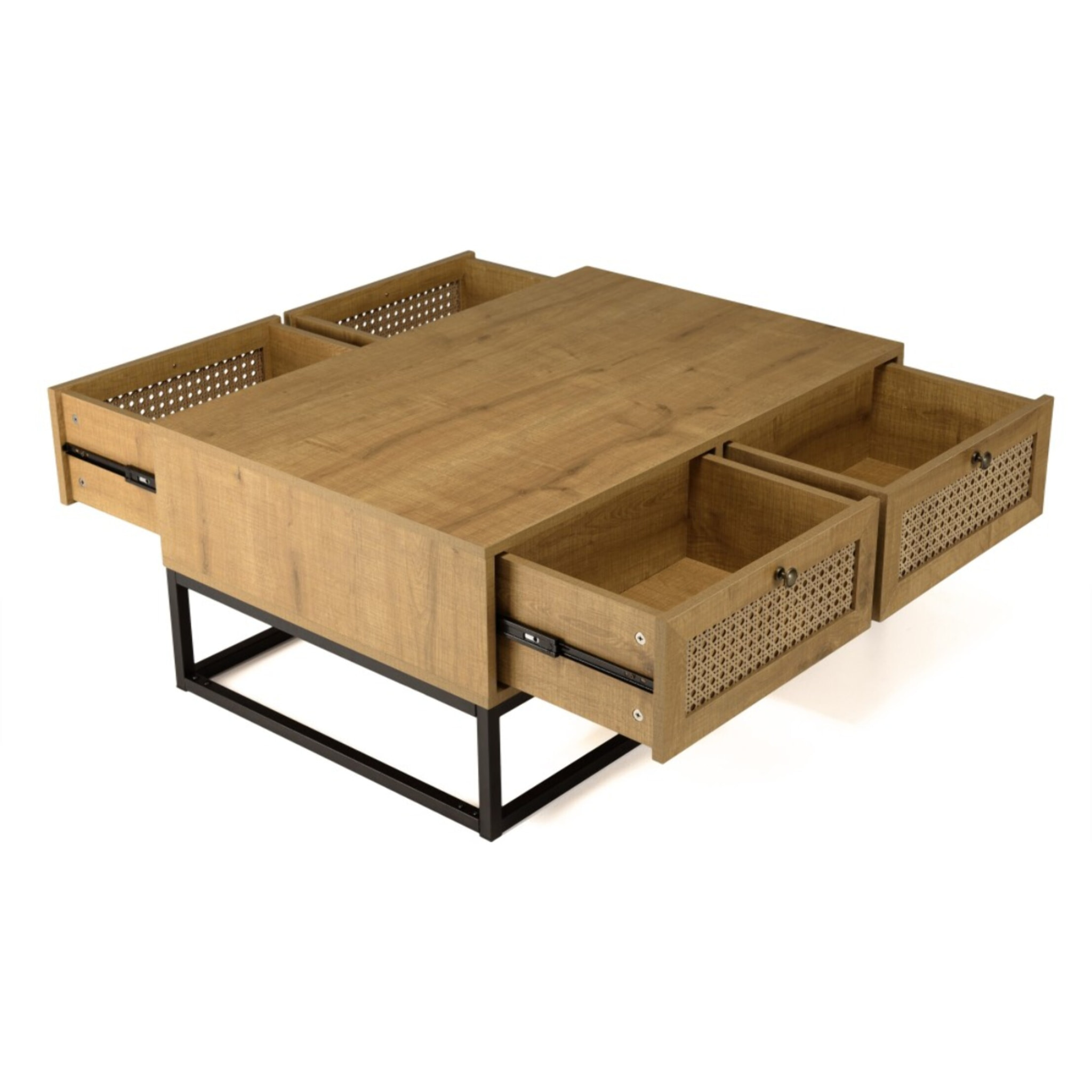 CHARLIE - Table basse marron 4 tiroirs effet cannage pieds métal noir