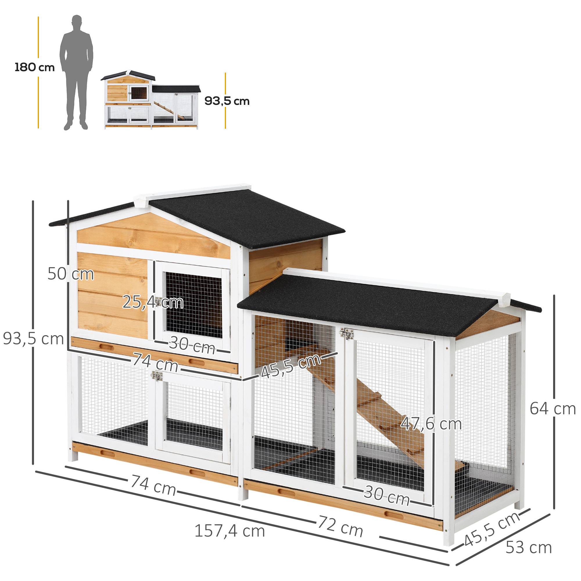 Conejera de Madera Exterior Jaula para Conejos de 2 Niveles con Techo Asfáltico 2 Corrales de Metal Bandeja Extraíble 2 Puertas y Rampa 157,4x53x93,5 cm Natural