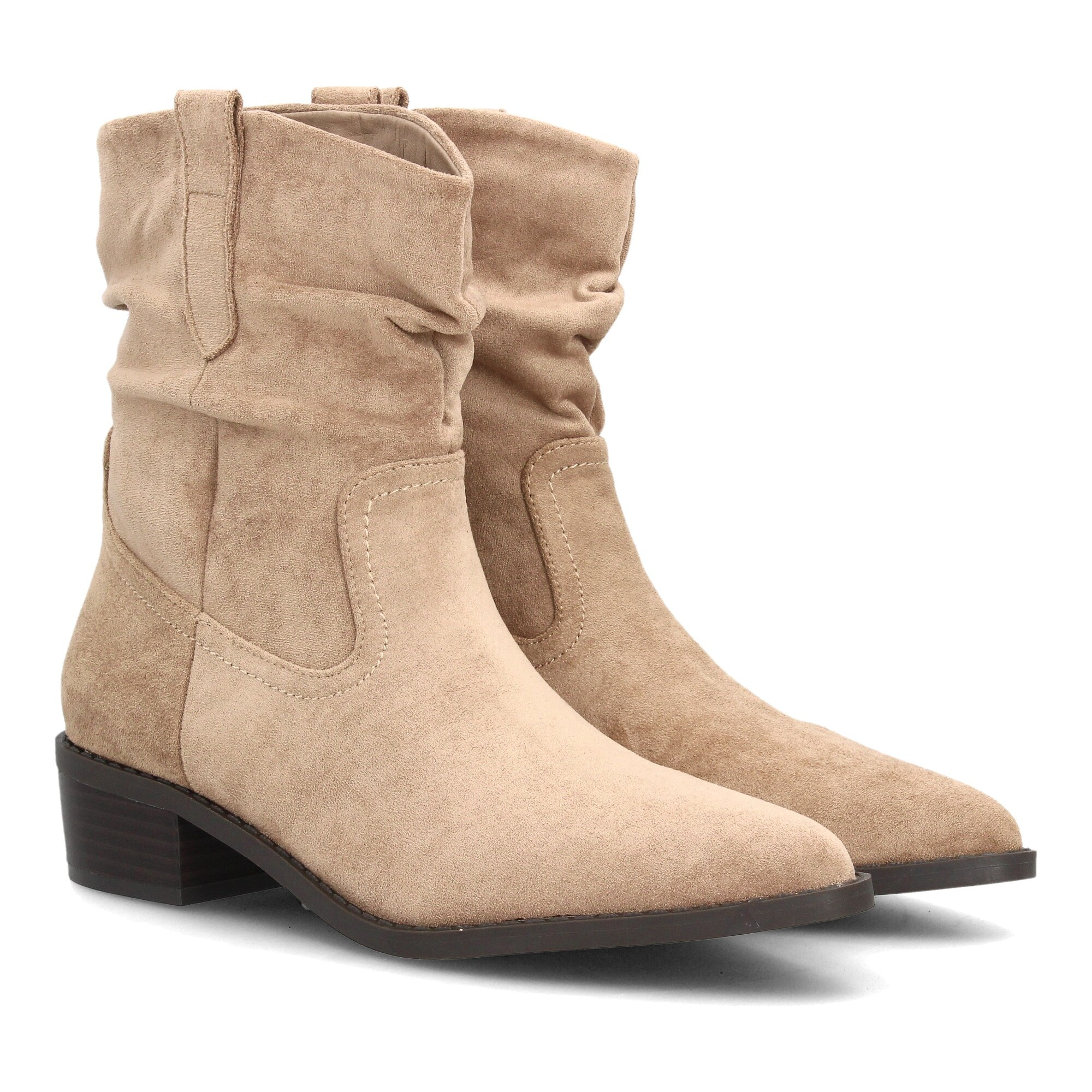 Botines western fruncidos de tacón bajo para mujer