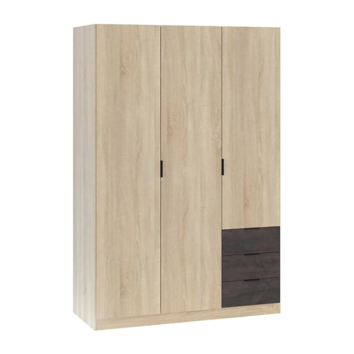 Guardaroba 3 ante Apaches, Armadio per camera da letto 3 cassetti, Mobile con barra appendiabiti e 3 ripiani, 121x52h180 cm, Rovere e Ossido