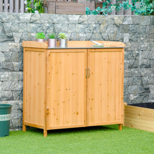 Armoire de jardin sur pied table de rempotage 2 en 1 - double porte, étagère, plateau tôle acier galvanisé - bois de cèdre pré-huilé