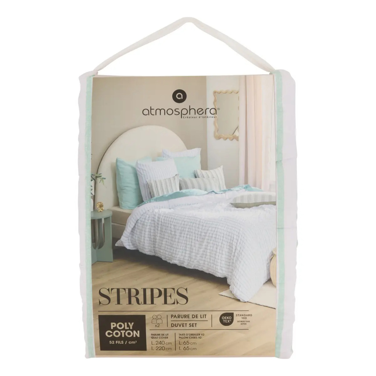 Parure de lit Stripes 240x220cm rayée vert céladon et blanc