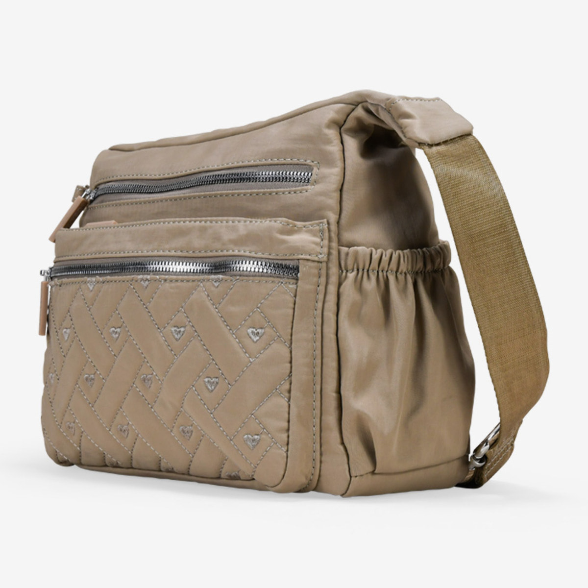 Bolso bandolera tostado con cremallera y cosido de corazones